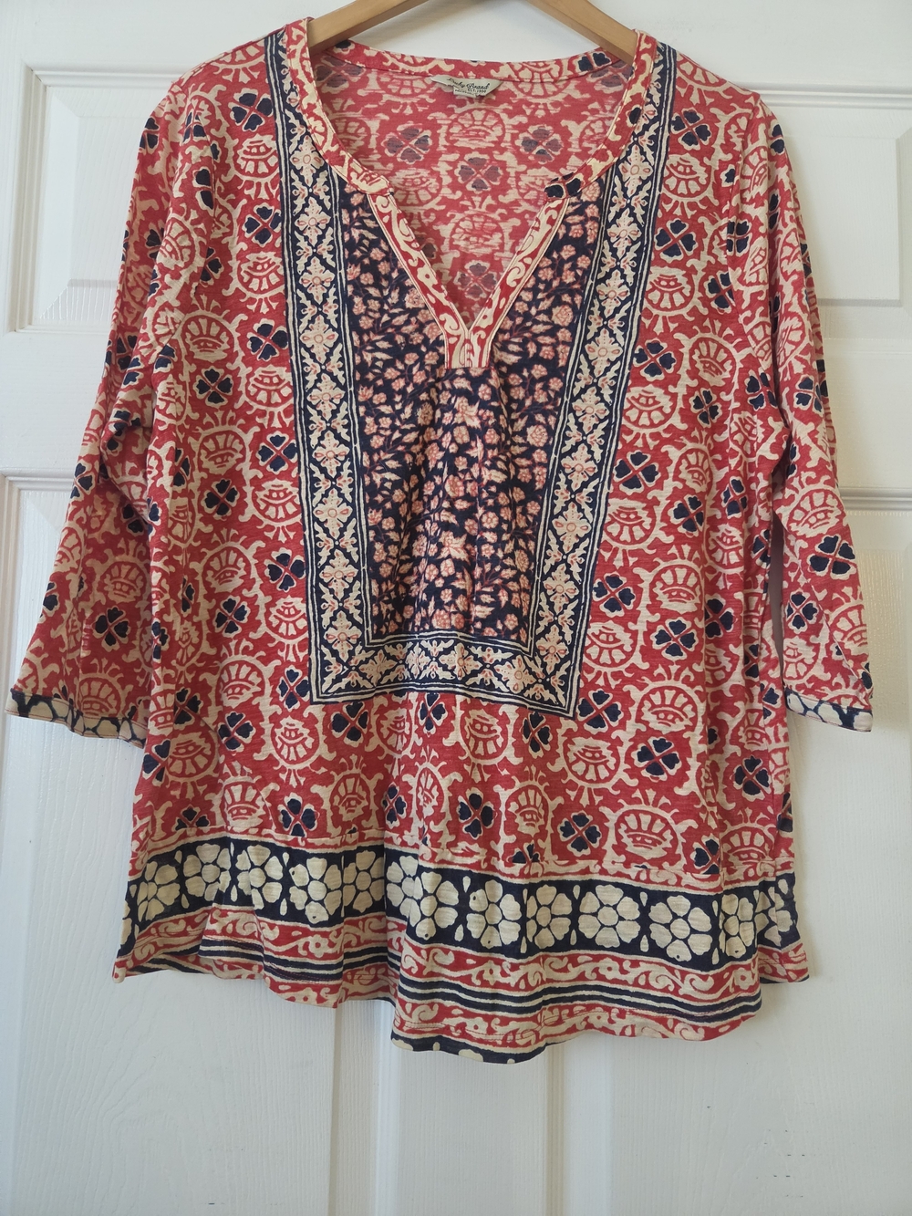 Lucky Brand Red, Navy & Cream Printed V-Neck Tunic